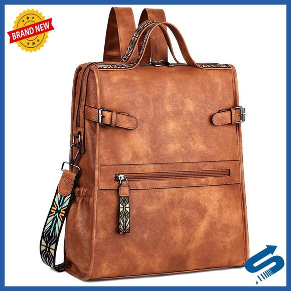 Leather Laptop Backpack Designer Work Travel Computer Purse Adjustable Straps